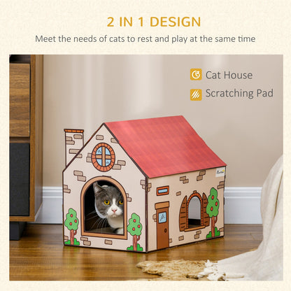 Cat Scratcher House with Scratcher, Catnip, Red Roof for Indoor Cats, Beige