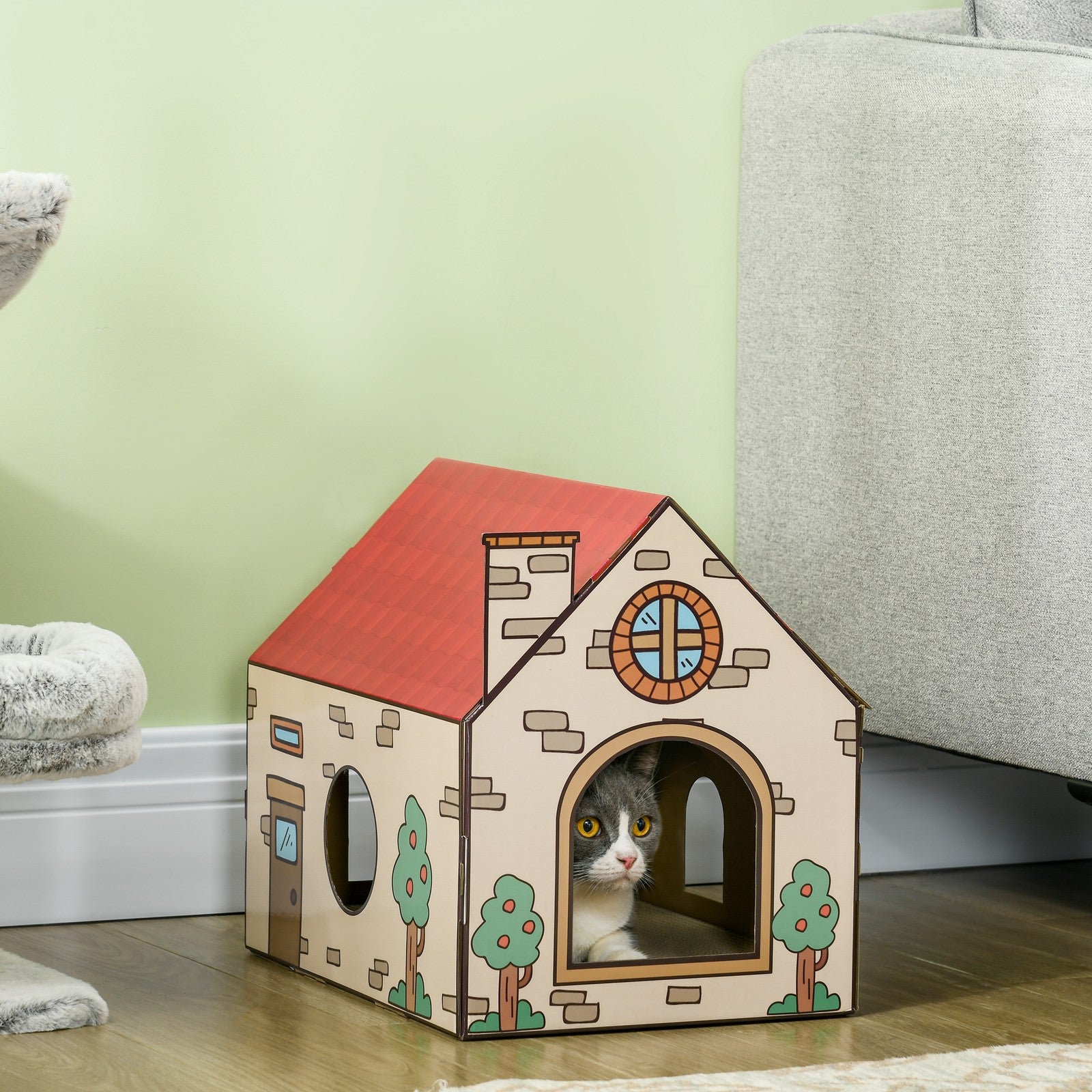 Cat Scratcher House with Scratcher, Catnip, Red Roof for Indoor Cats, Beige