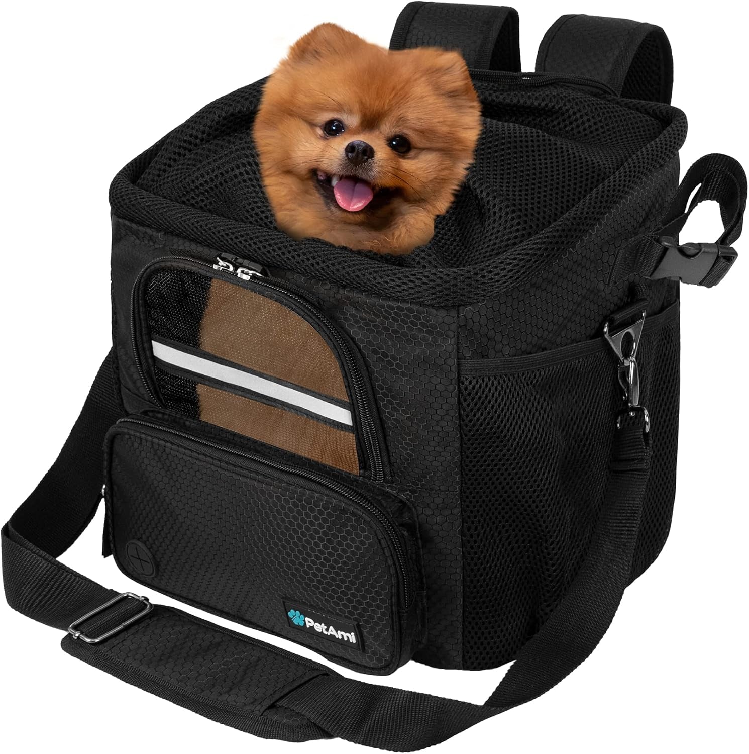 Dog Bike Basket, Soft-Sided Ventilated Dog Bike Carrier Backpack, Dog Pet Bicycle Basket for Bike Handlebar, Small Medium Puppy Cat Kitten Car Booster Seat with Safety Strap (Black)