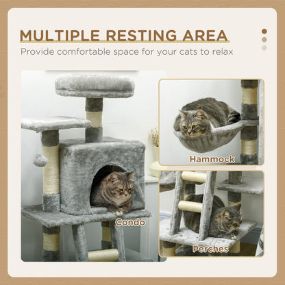 Cat Tree, 132Cm Tall Cat Activity Centre with Scratching Posts, Cat House, Grey