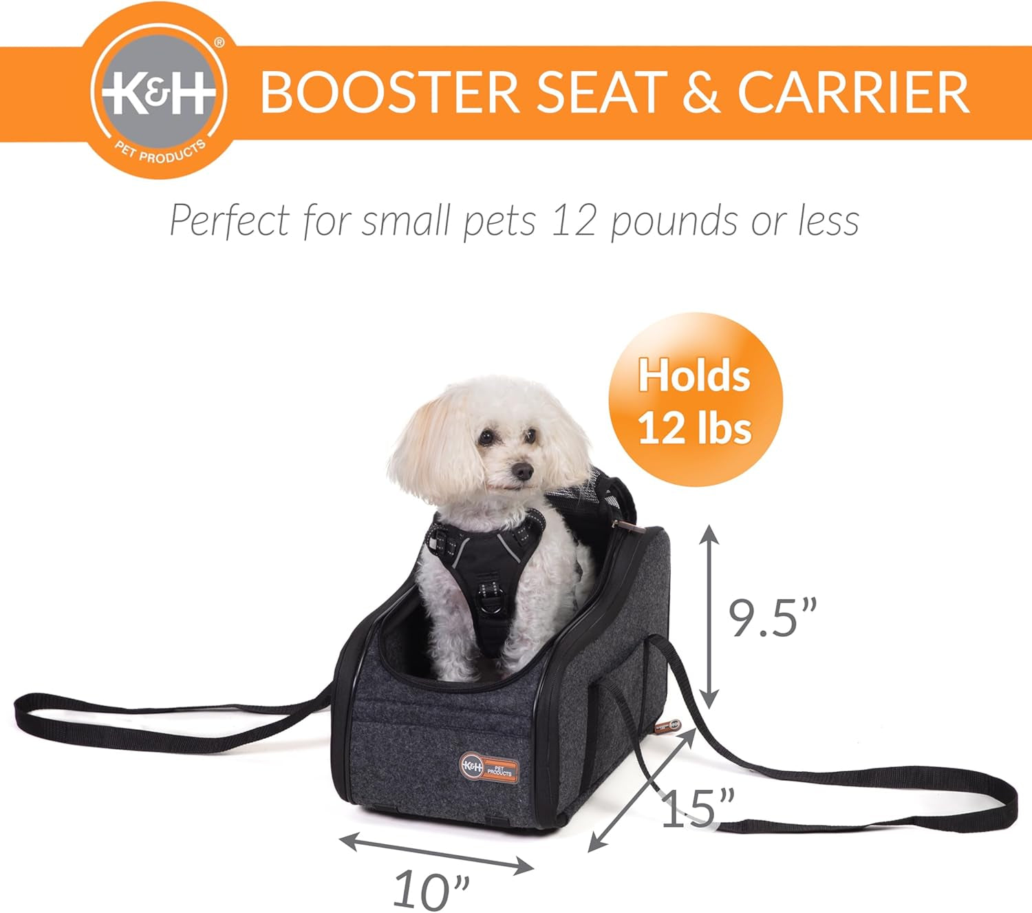 Pet Products Portable Console Booster Dog Car Seat & Carrier for Small Dogs & Cats, Luxury Car Seat for Center Car Armrest Includes Safety Tether - Charcoal 10 X 15 X 9.5 Inches