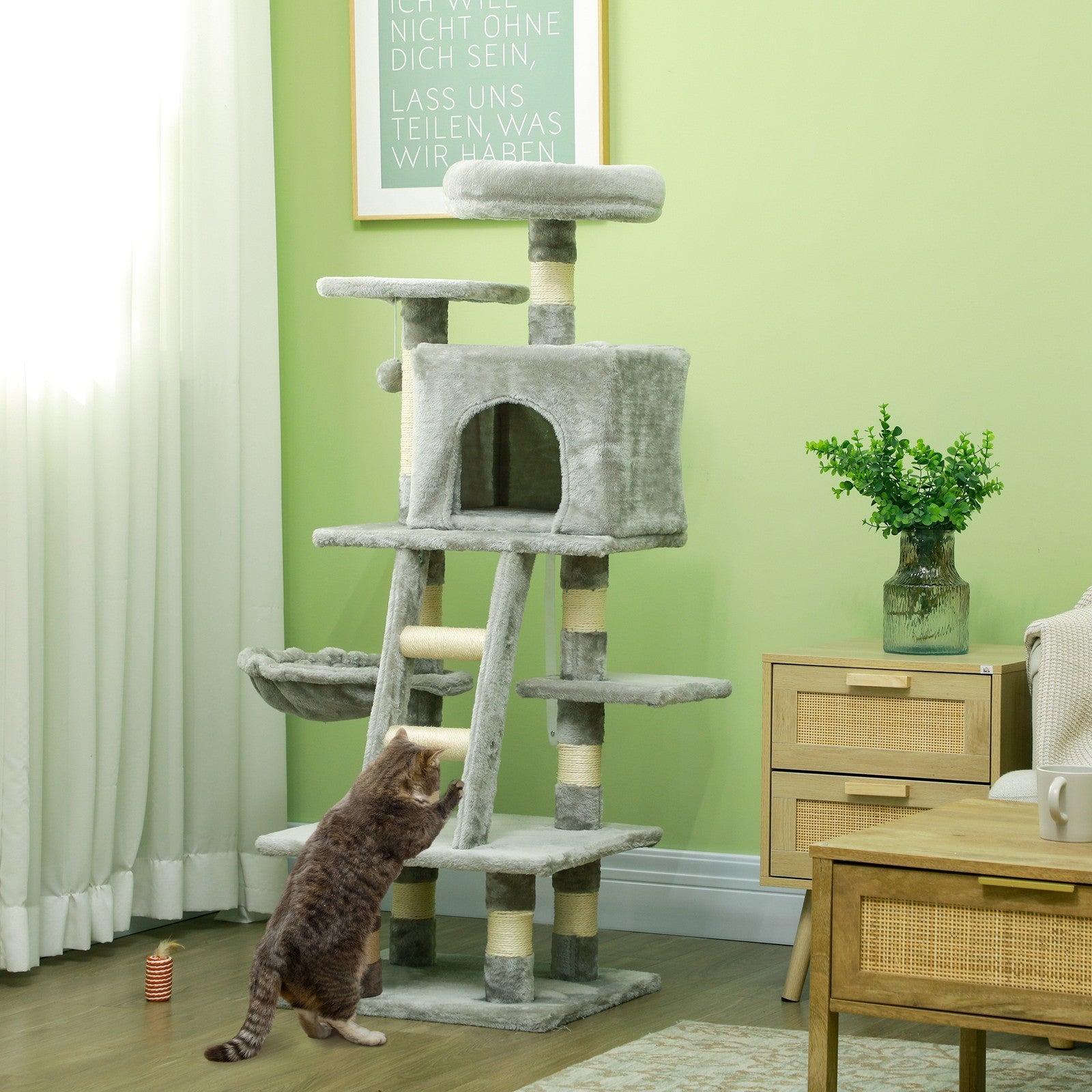 Cat Tree, 132Cm Tall Cat Activity Centre with Scratching Posts, Cat House, Grey